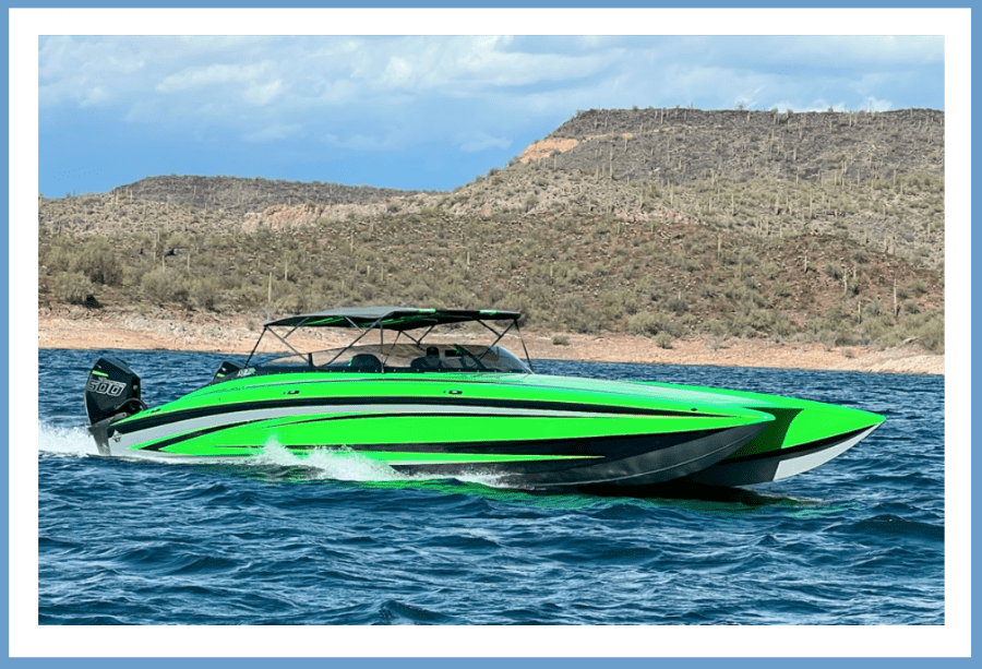 Boat on the water with a custom Liberty cover